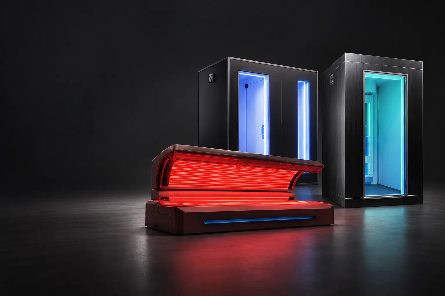 Illustrative grouping of Artica cryotherapy chambers and a red-light bed