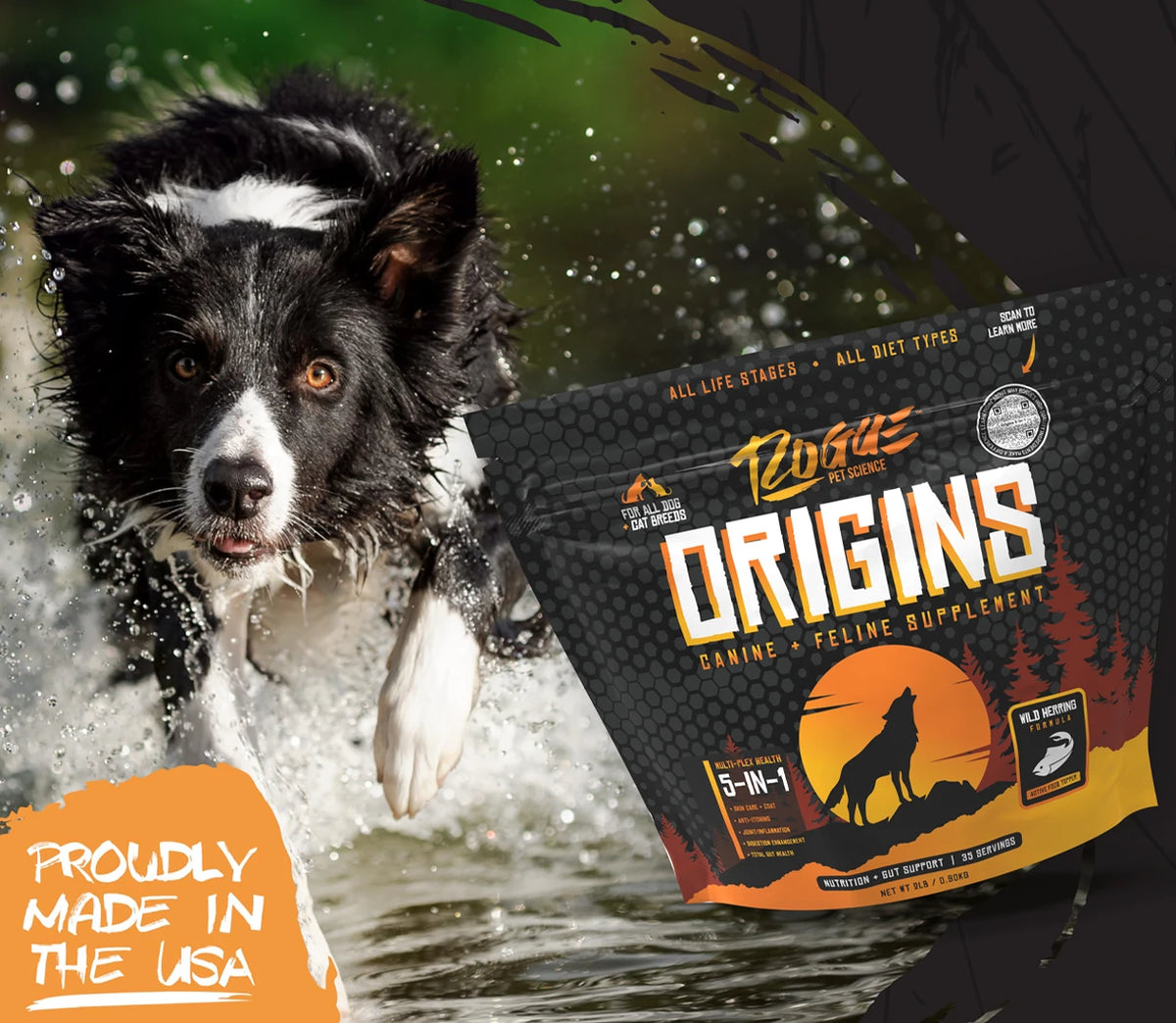 Rogue Pet Science manufacturer artwork featuring a dog and the Origins food topper